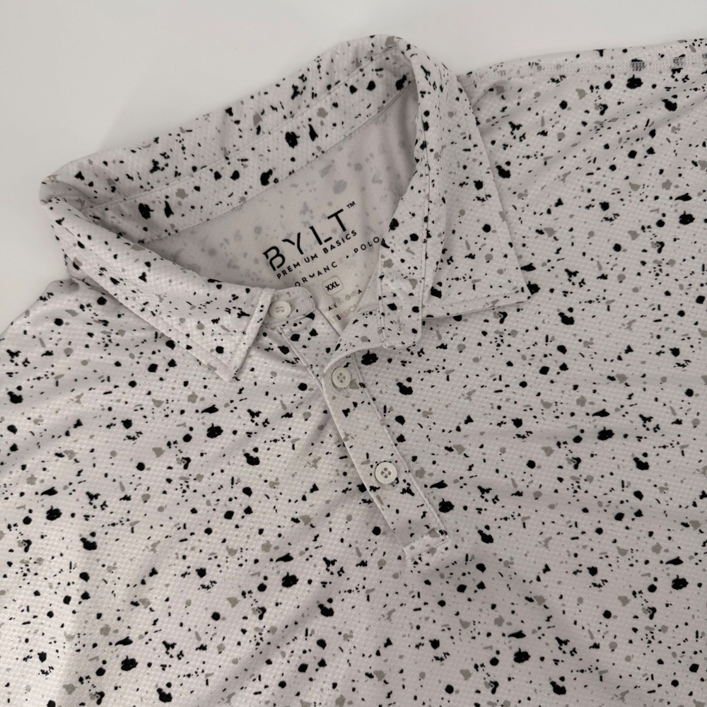 BYLT Mens Premium Basics Performance Polo Shirt XXL White Black Speckle Splatter